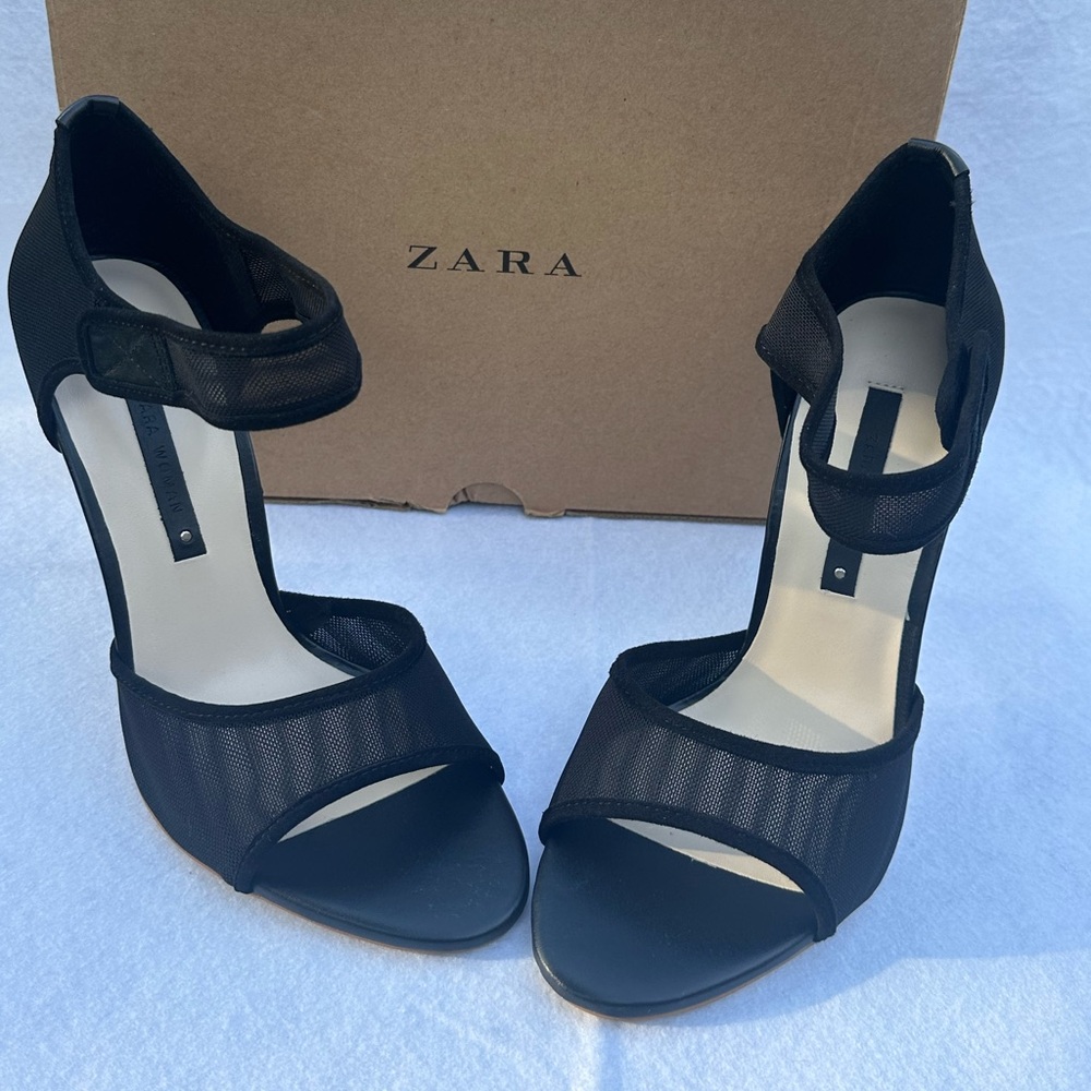 Zara Black Mesh Open-Toe Ankle-Strap Heels